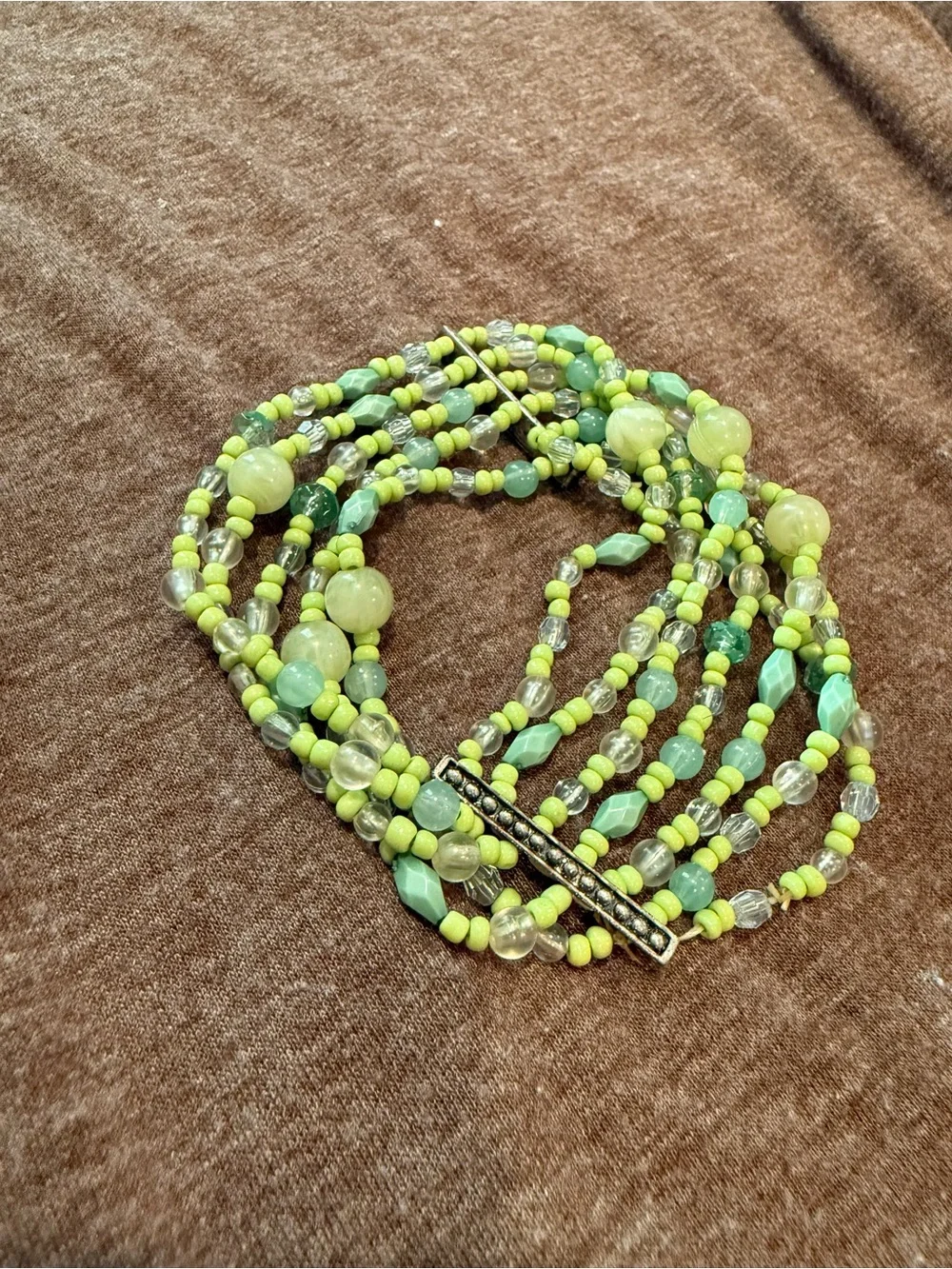 Multi-Strand Green Beaded Bracelet with Silver Accent